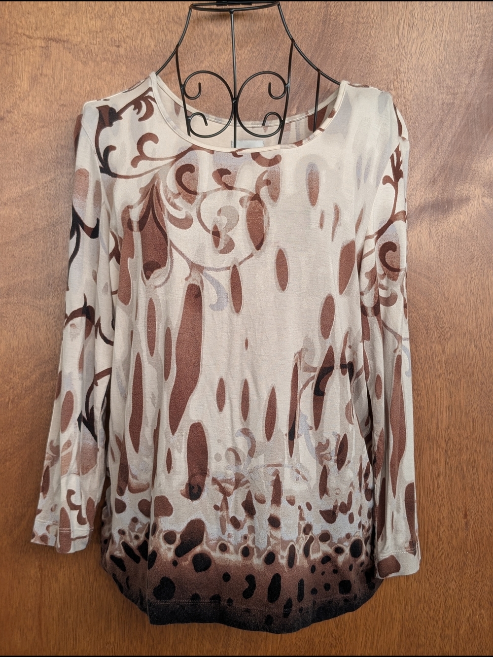 Chico's Cream and Brown Printed Long-Sleeve Top